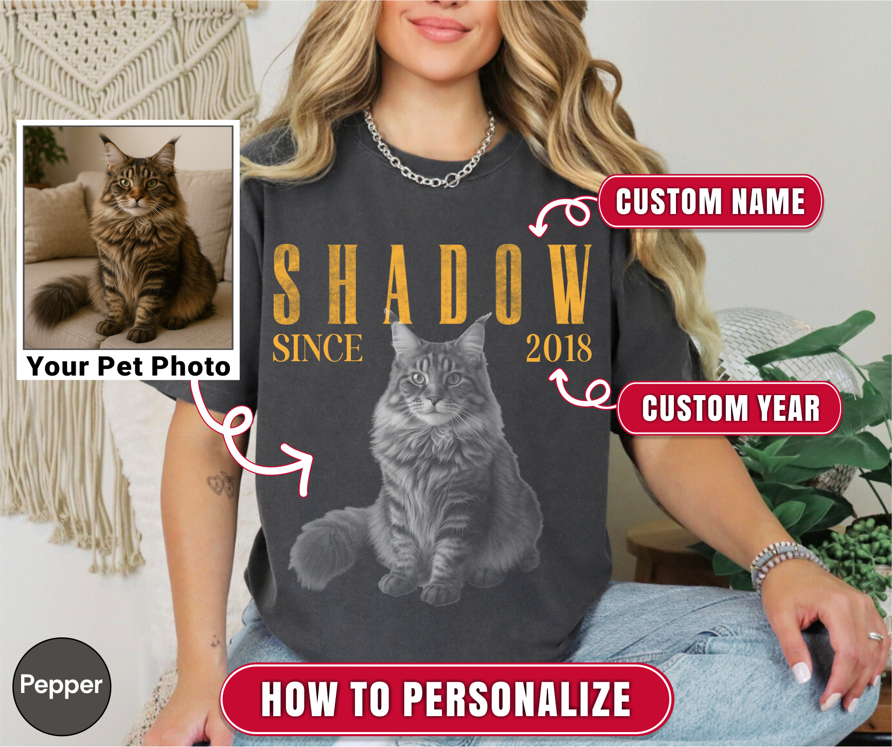 female model wearing pepper comfort colors t-shirt with black and white photo of cat in vintage style