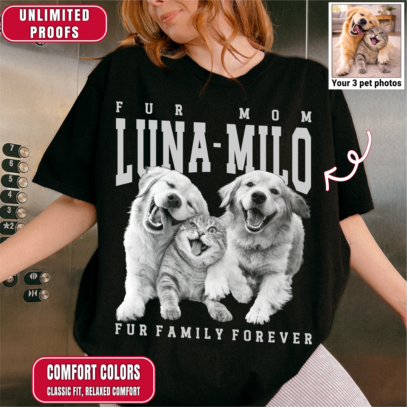 female model wearing black comfort colors t-shirt with black and white photo of dog and cat in vintage style