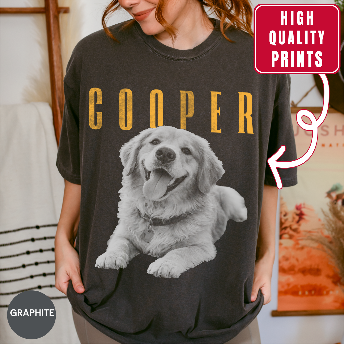 female model wearing graphite comfort colors t-shirt with black and white photo of dog in vintage style