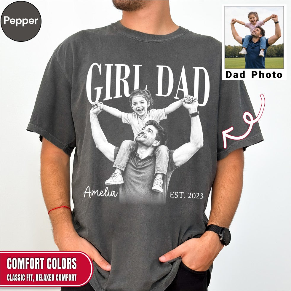 Custom Girl Dad Engraving Style Shirt, Bold Ink Illustration Tee