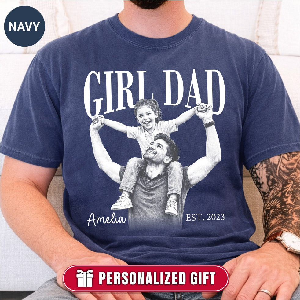 Custom Girl Dad Engraving Style Shirt, Bold Ink Illustration Tee