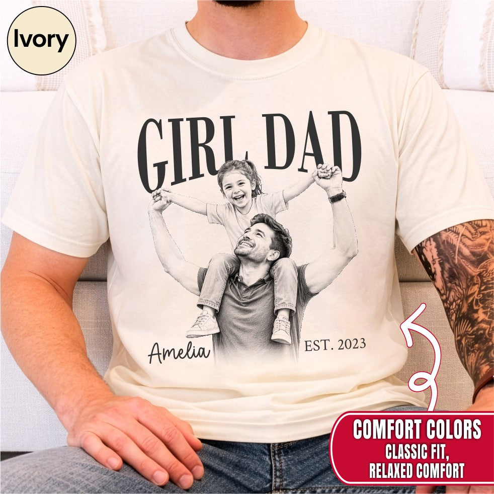 Custom Girl Dad Engraving Style Shirt, Bold Ink Illustration Tee
