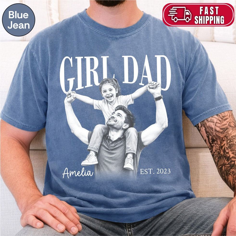 Custom Girl Dad Engraving Style Shirt, Bold Ink Illustration Tee