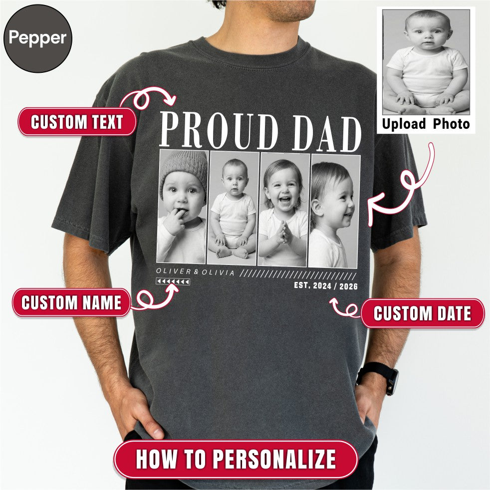 Custom Proud Dad Photo Grid Shirt, Modern Editorial Style
