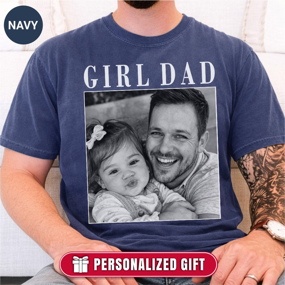 Girl Dad Custom Photo T-Shirt Vintage Black & White Dad & Daughter Tee