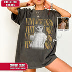Person wearing a comfort color pepper t-shirt with 'Vintage 1986' design, on a plain background.