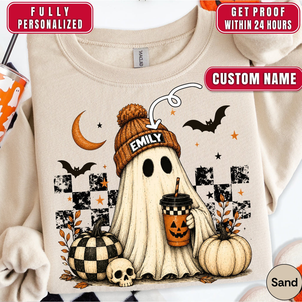 Personalized Vintage Cute Ghost Coffee Name Crewneck