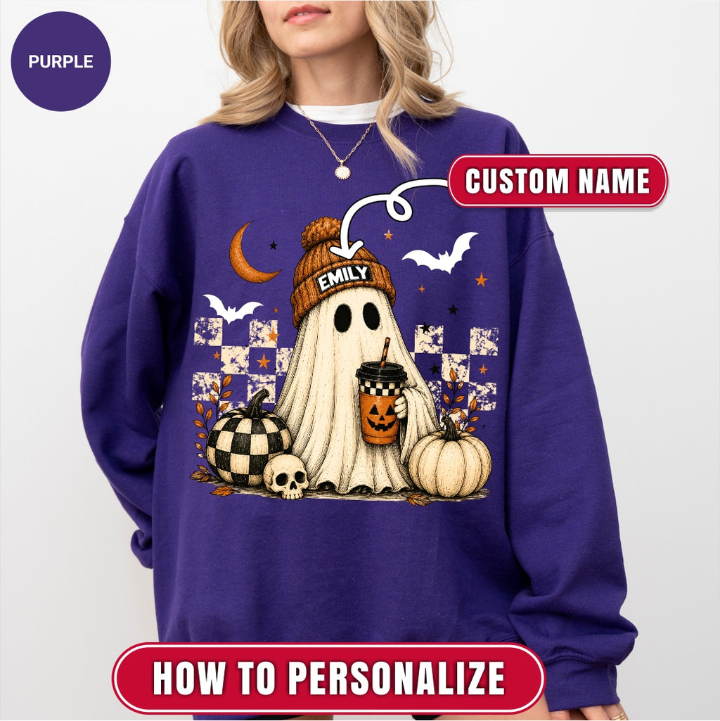 Personalized Vintage Cute Ghost Coffee Name Crewneck