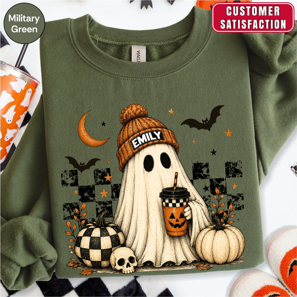 Personalized Vintage Cute Ghost Coffee Name Crewneck