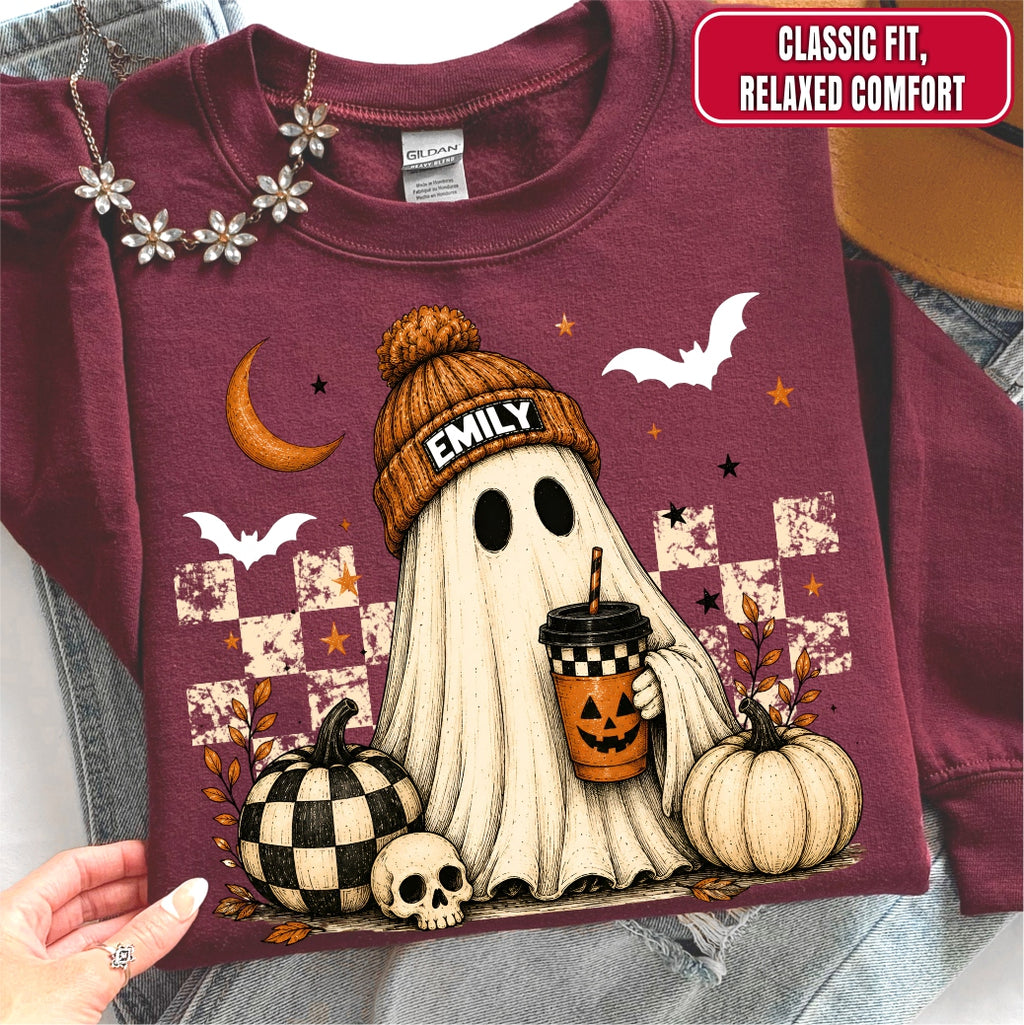 Personalized Vintage Cute Ghost Coffee Name Crewneck