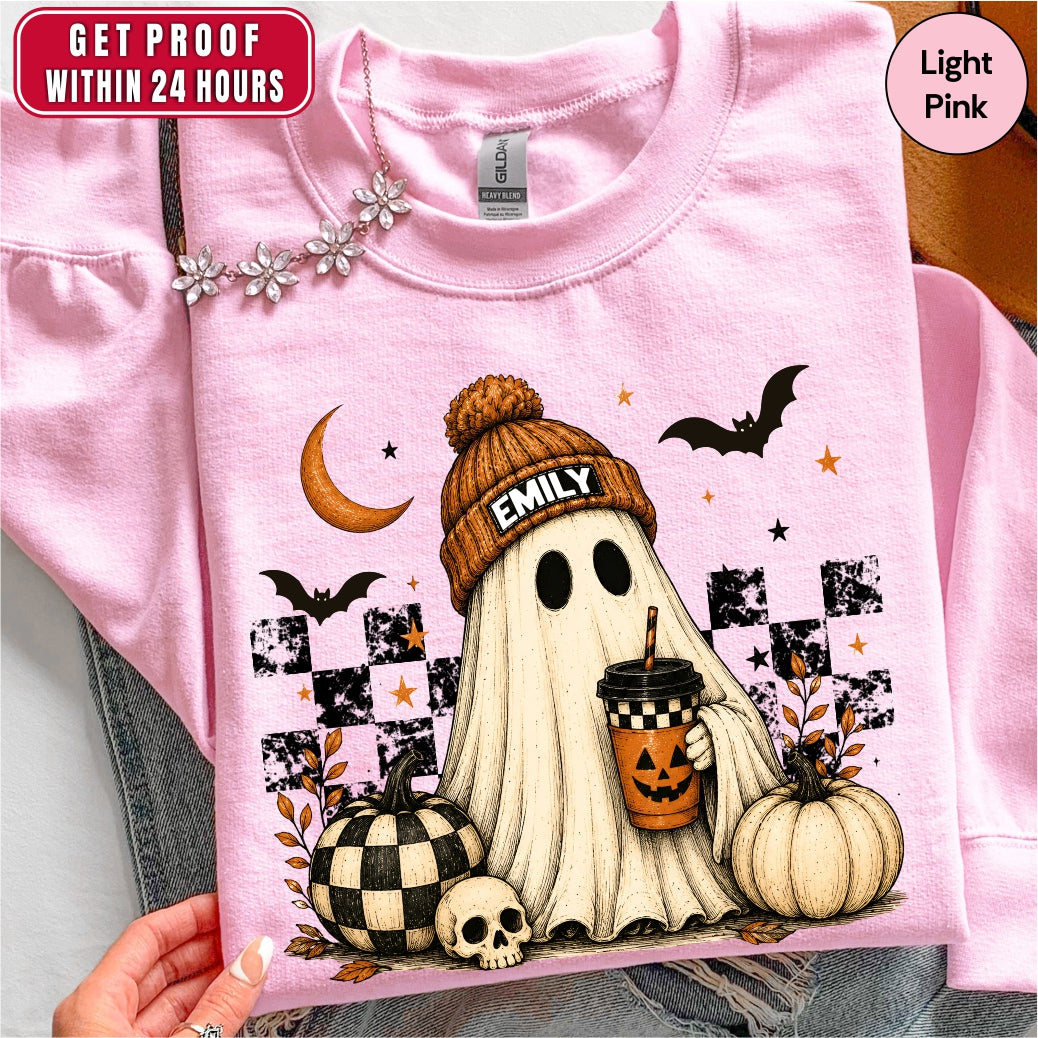 Personalized Vintage Cute Ghost Coffee Name Crewneck