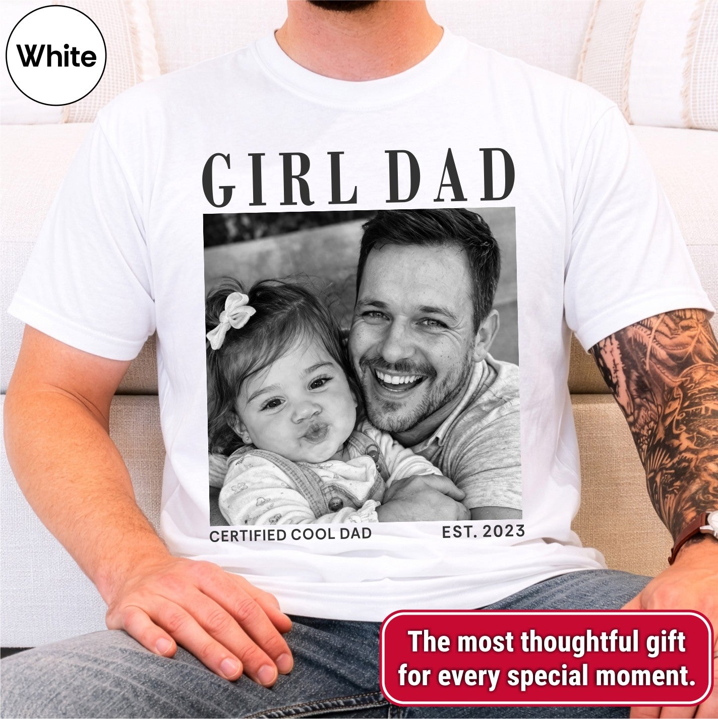 Girl Dad Custom Photo T-Shirt Vintage Black & White Dad & Daughter Tee