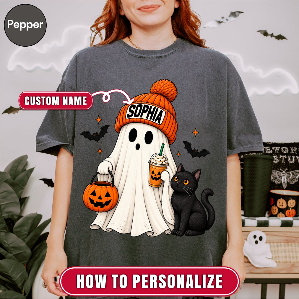 Personalized Ghost Black Cat Halloween Shirt
