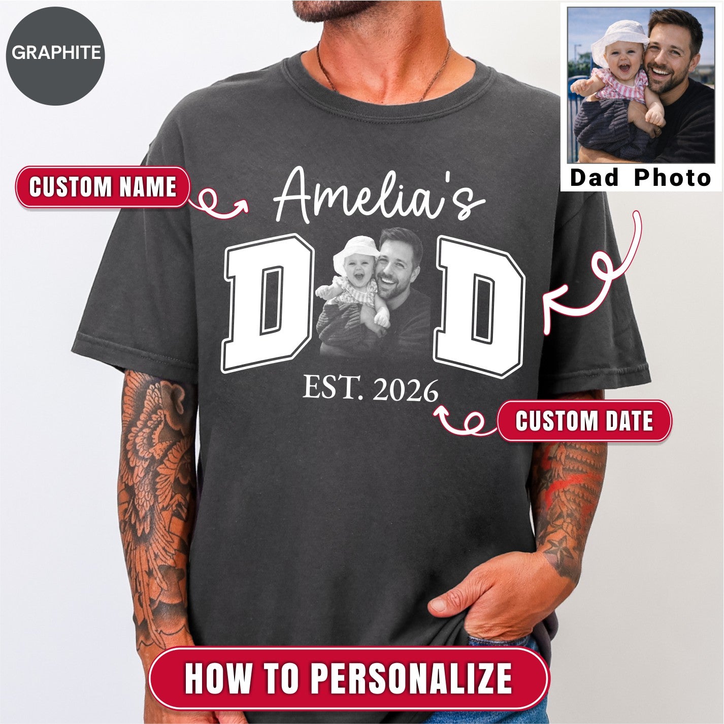 New Dad Custom Photo T-Shirt | Personalized Varsity DAD Est. Year Tee