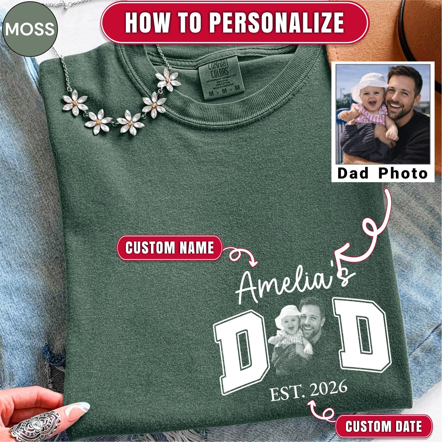 New Dad Custom Photo Pocket T-Shirt — Personalized Daughter Name Varsity Style Est.