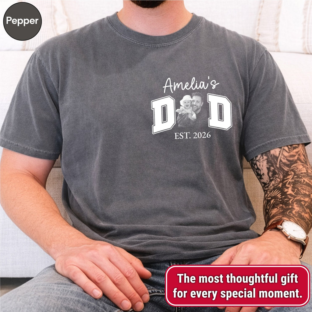 New Dad Custom Photo Pocket T-Shirt — Personalized Daughter Name Varsity Style Est.