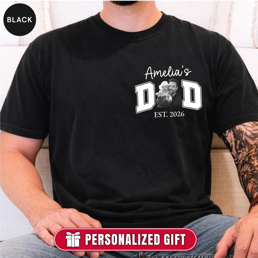New Dad Custom Photo Pocket T-Shirt — Personalized Daughter Name Varsity Style Est.