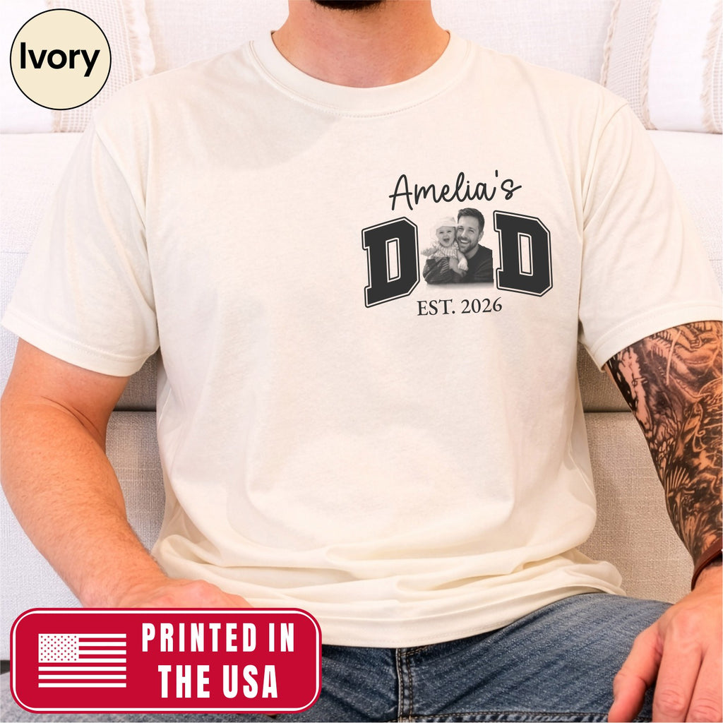 New Dad Custom Photo Pocket T-Shirt — Personalized Daughter Name Varsity Style Est.