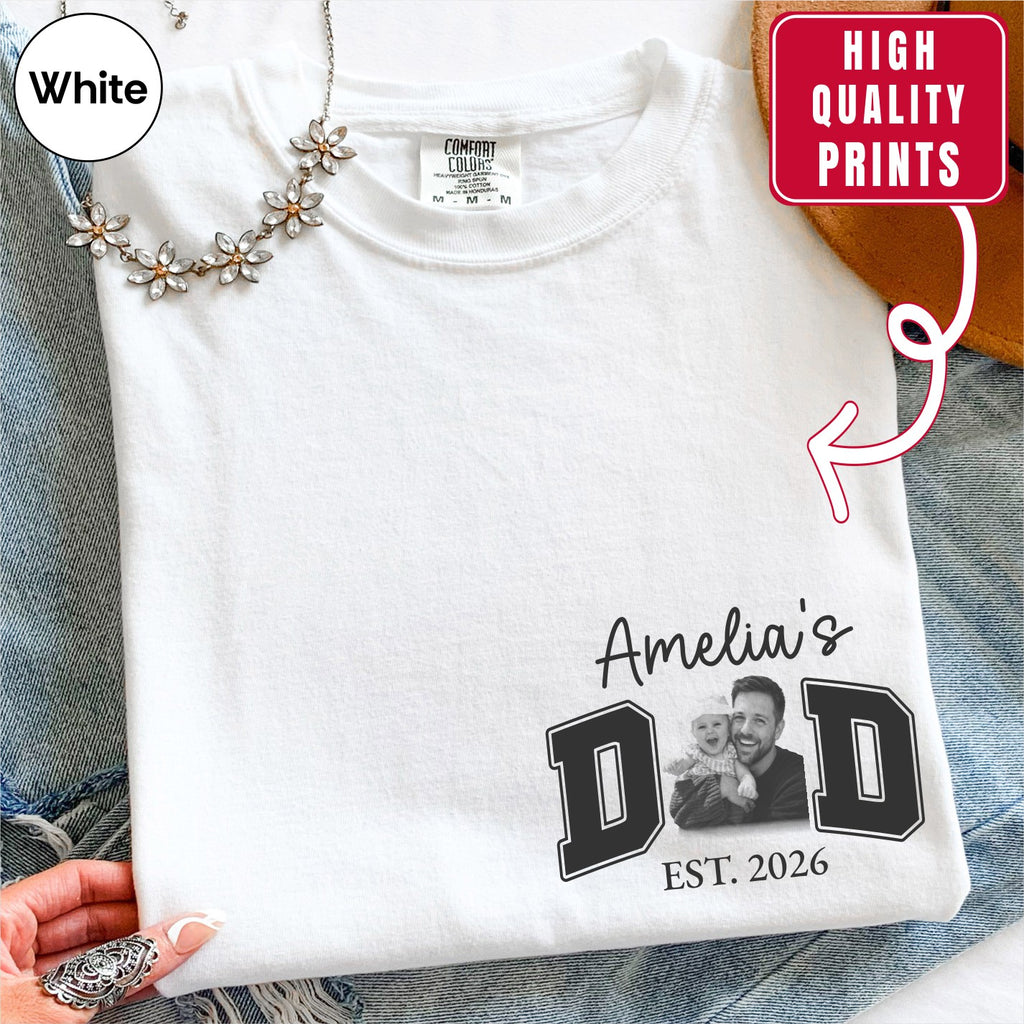 New Dad Custom Photo Pocket T-Shirt — Personalized Daughter Name Varsity Style Est.
