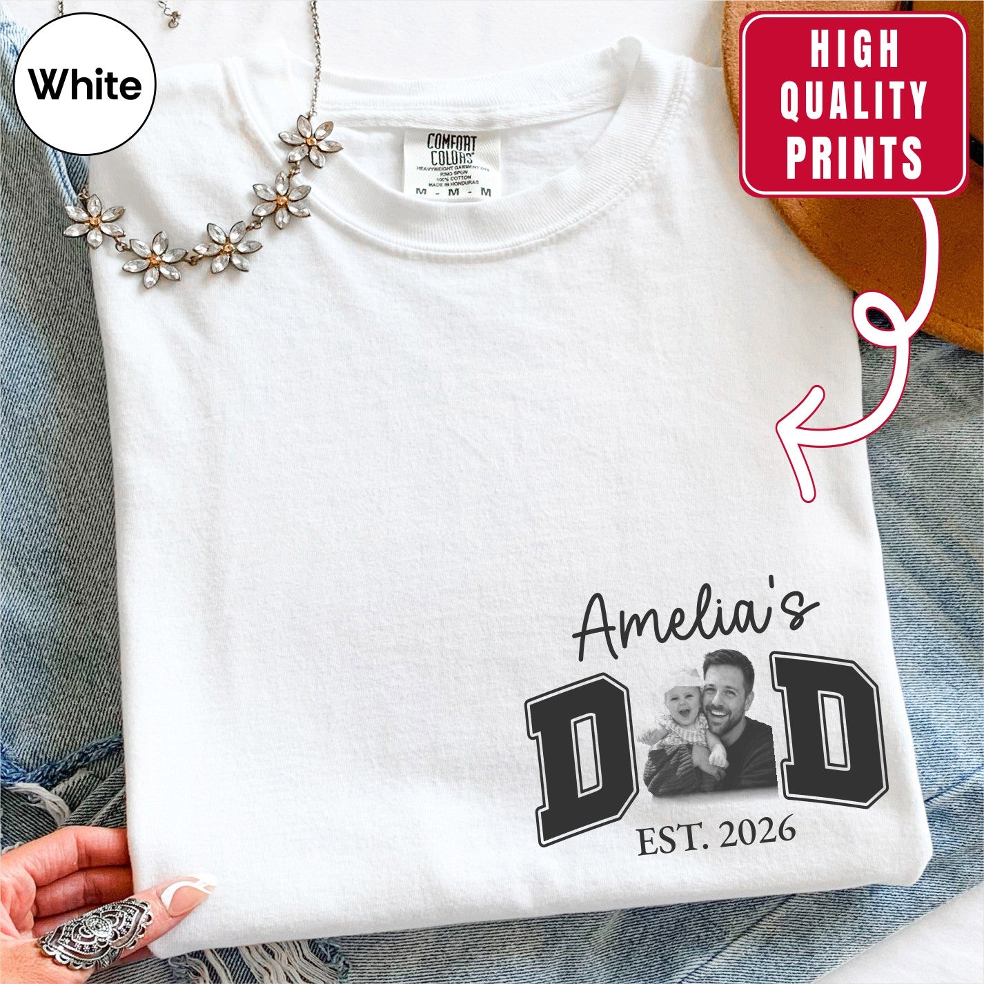 New Dad Custom Photo Pocket T-Shirt — Personalized Daughter Name Varsity Style Est.