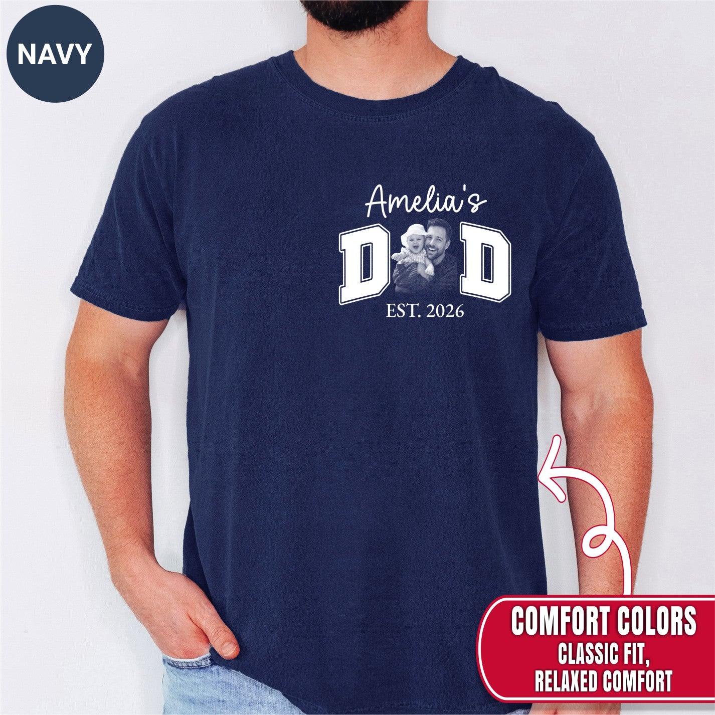New Dad Custom Photo Pocket T-Shirt — Personalized Daughter Name Varsity Style Est.