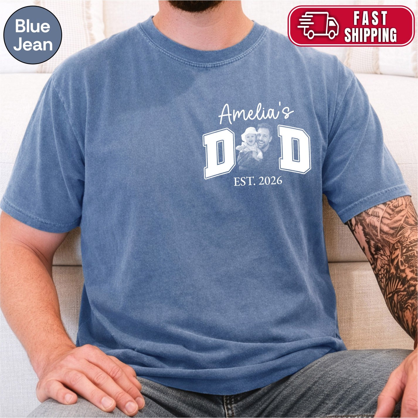 New Dad Custom Photo Pocket T-Shirt — Personalized Daughter Name Varsity Style Est.
