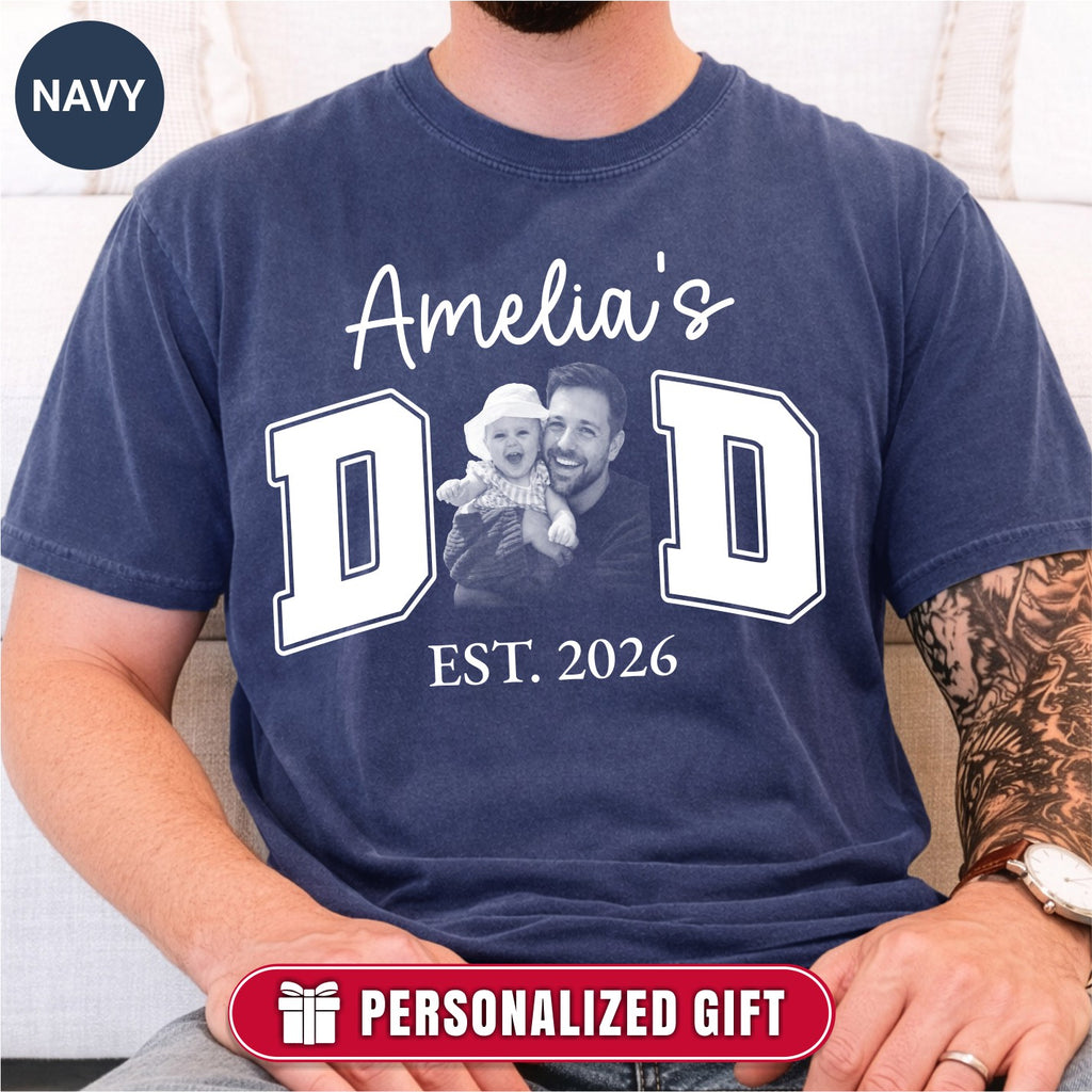 New Dad Custom Photo T-Shirt | Personalized Varsity DAD Est. Year Tee
