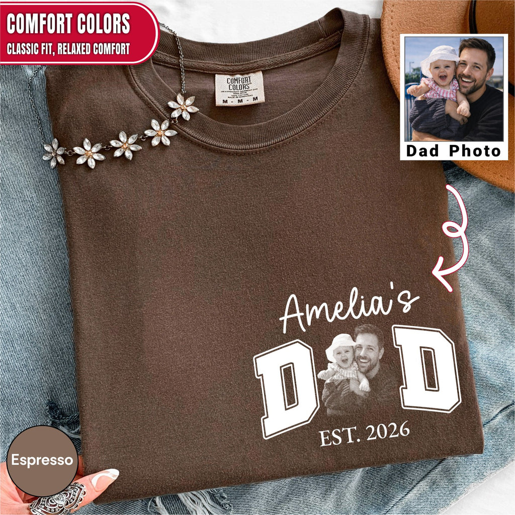 New Dad Custom Photo Pocket T-Shirt — Personalized Daughter Name Varsity Style Est.