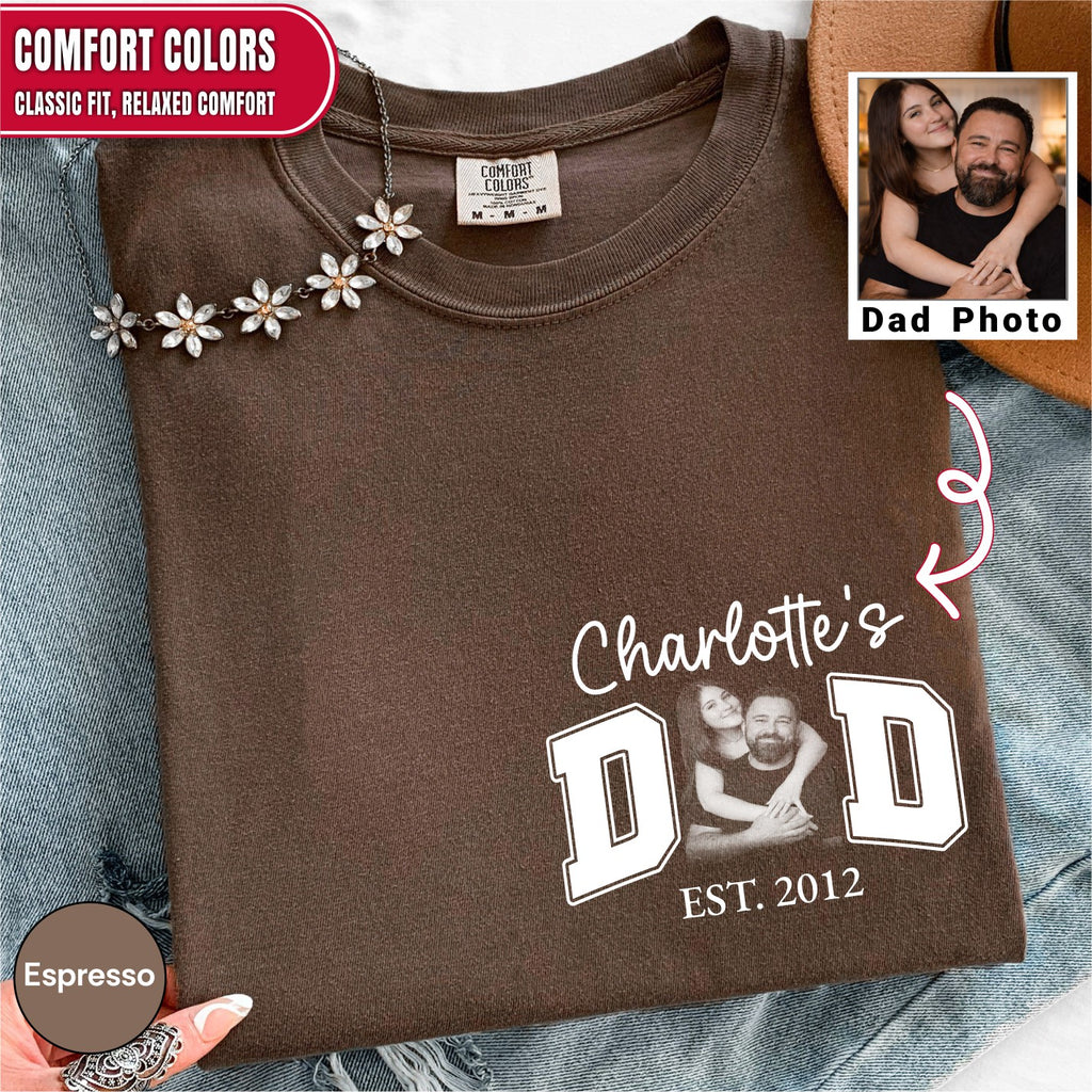Custom Dad Photo Pocket T-Shirt — Personalized Kids Names Varsity Style Est. Year Tee