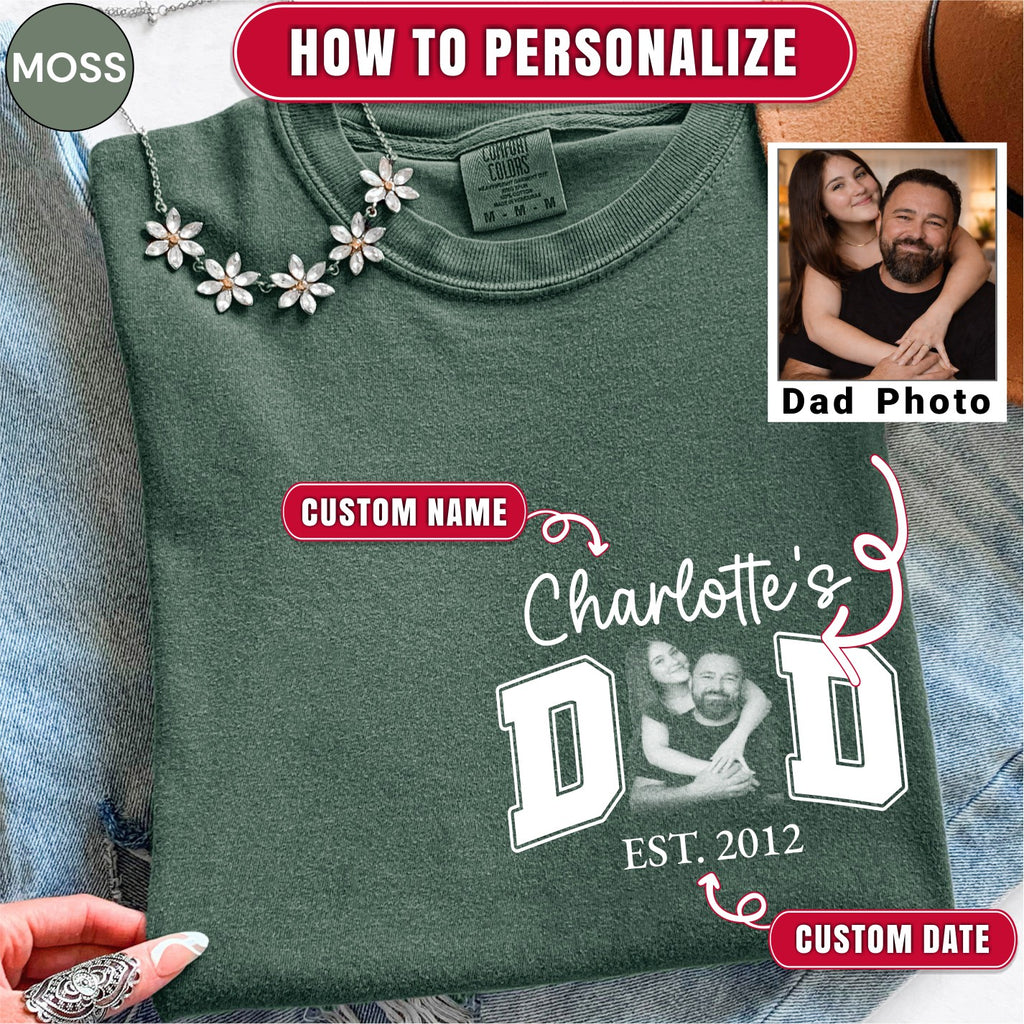 Custom Dad Photo Pocket T-Shirt — Personalized Kids Names Varsity Style Est. Year Tee