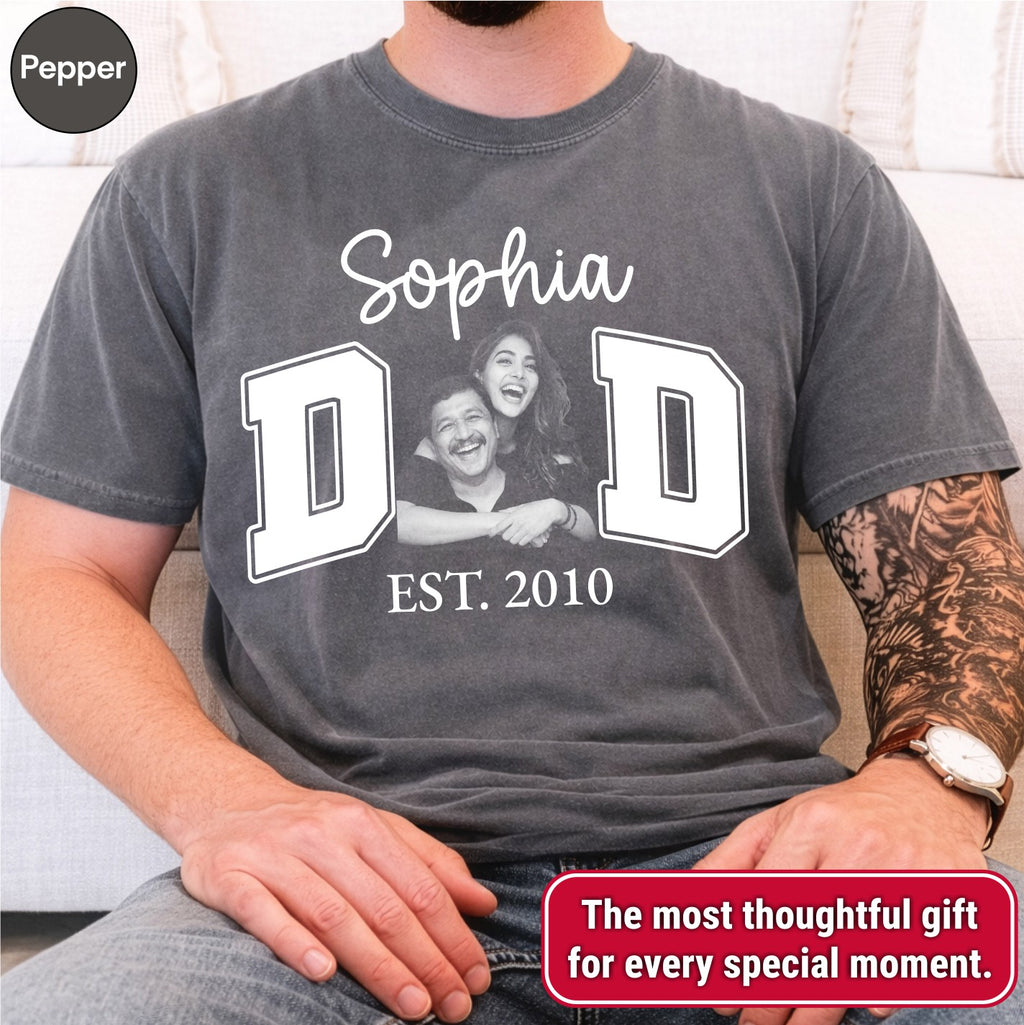Custom Dad Photo T-Shirt, Personalized Kids Names Varsity Style Est. Year Tee