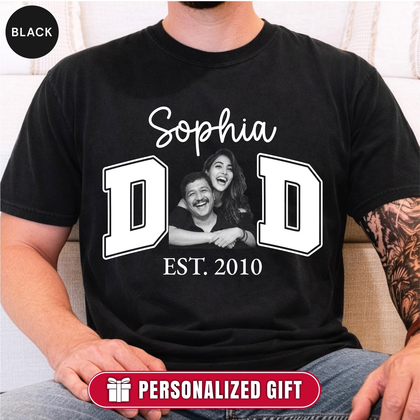 Custom Dad Photo T-Shirt, Personalized Kids Names Varsity Style Est. Year Tee