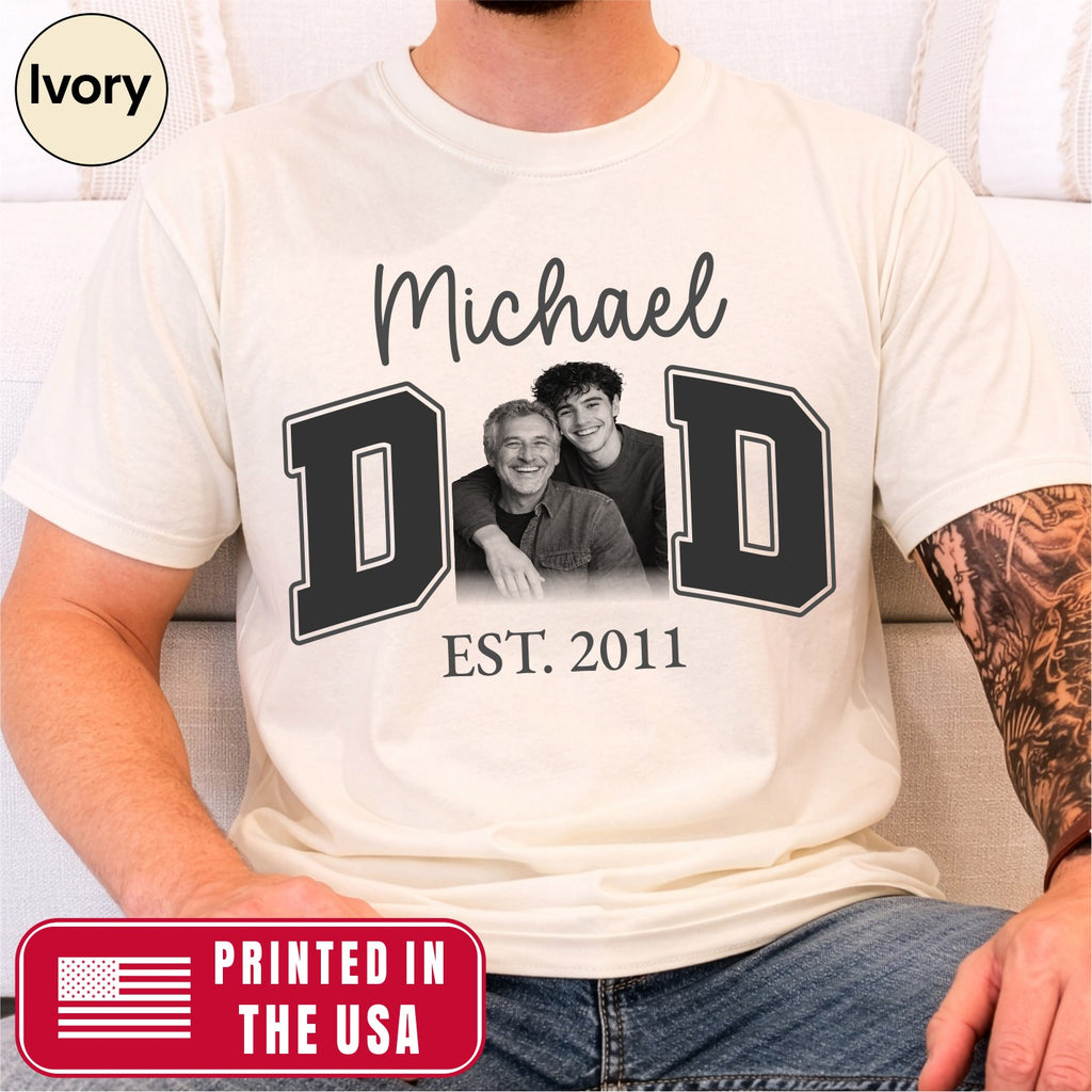 Custom Dad Photo T-Shirt, Personalized Kids Names Varsity Style Est. Year Tee