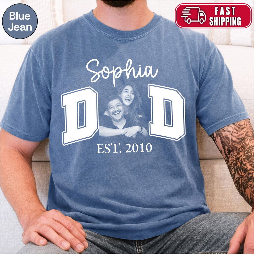 Custom Dad Photo T-Shirt, Personalized Kids Names Varsity Style Est. Year Tee