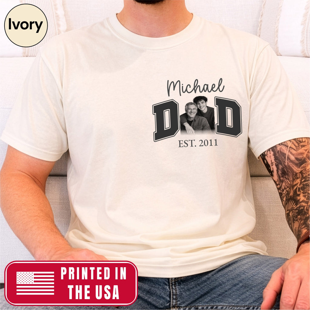Custom Dad Photo Pocket T-Shirt — Personalized Kids Names Varsity Style Est. Year Tee