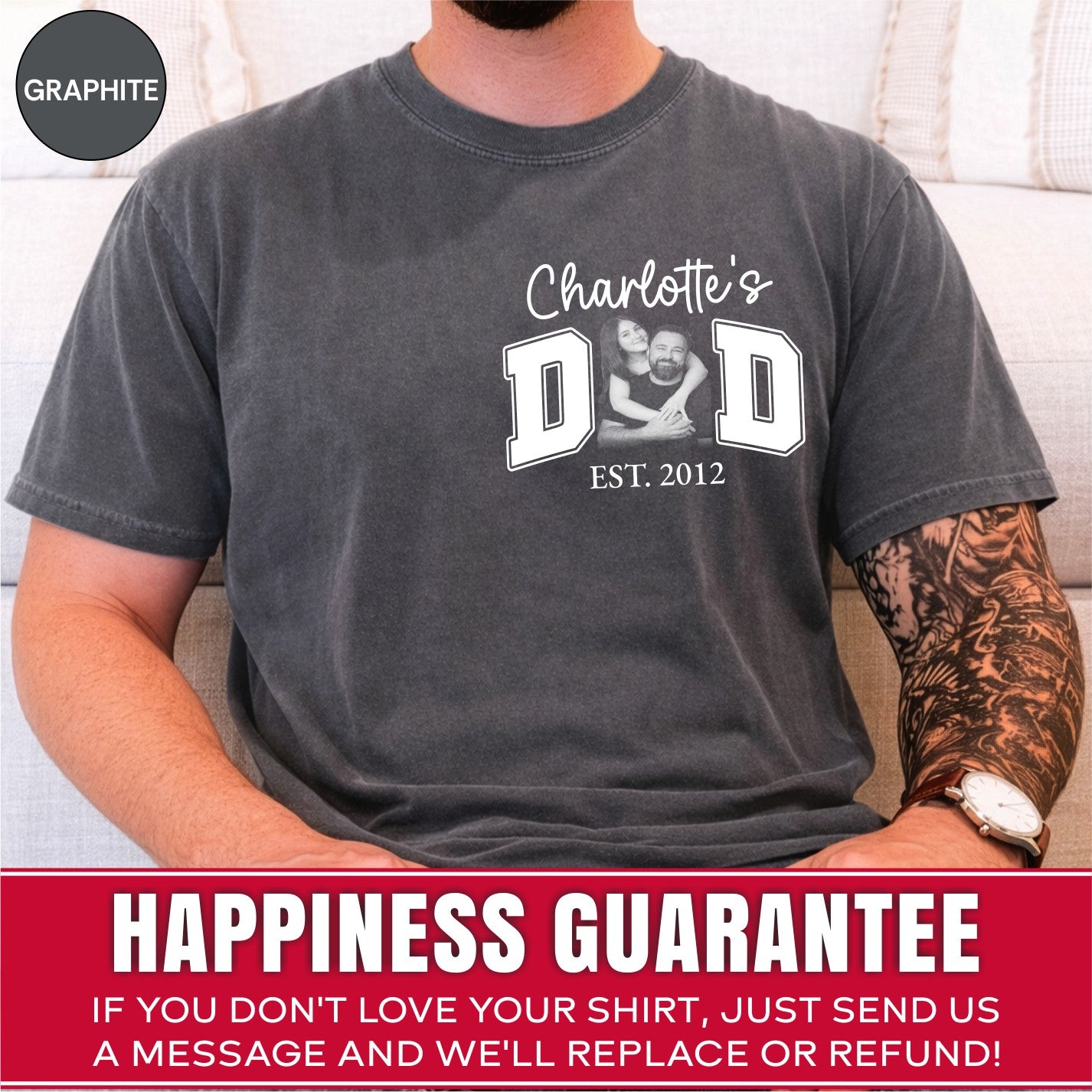 Custom Dad Photo Pocket T-Shirt — Personalized Kids Names Varsity Style Est. Year Tee