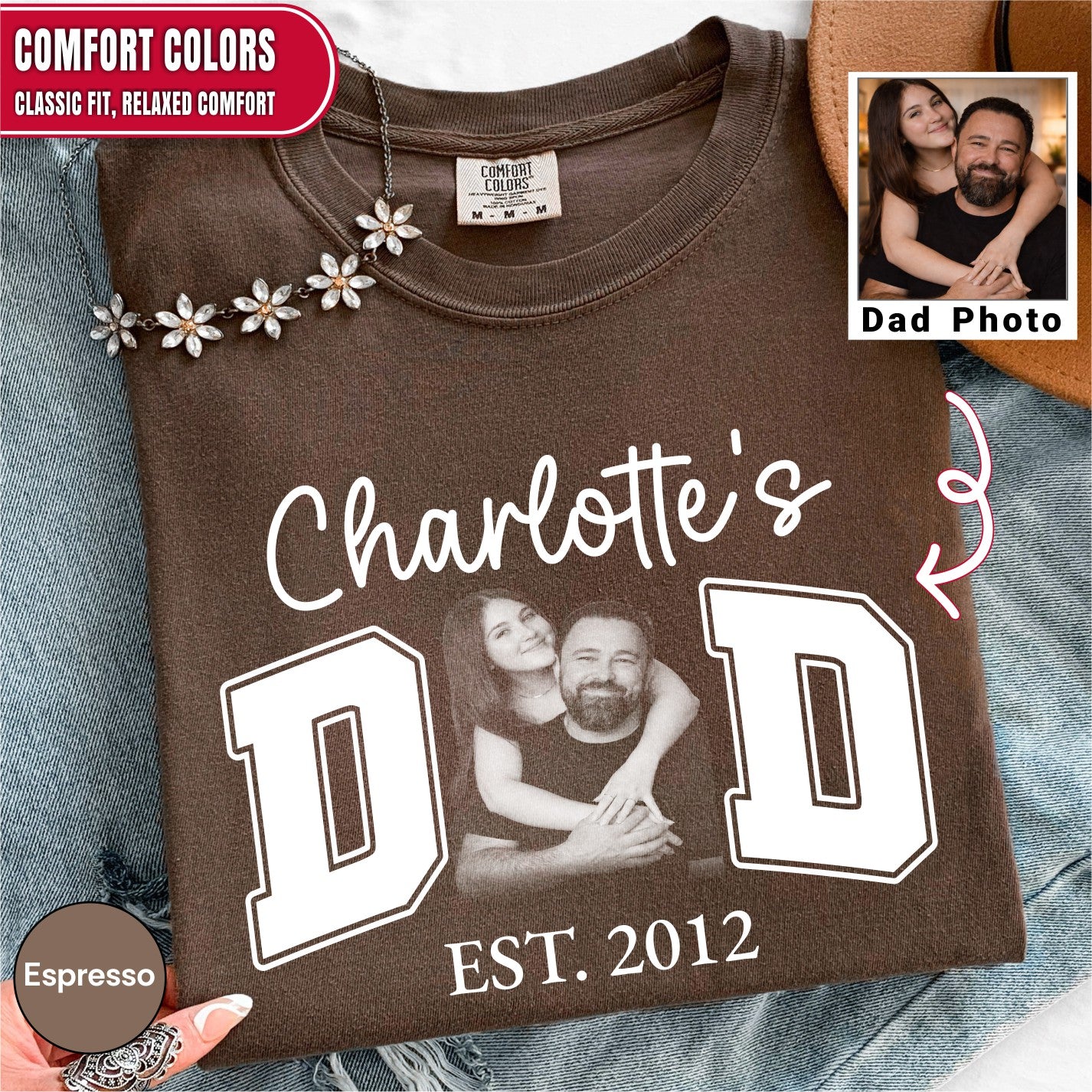 Custom Dad Photo T-Shirt, Personalized Kids Names Varsity Style Est. Year Tee