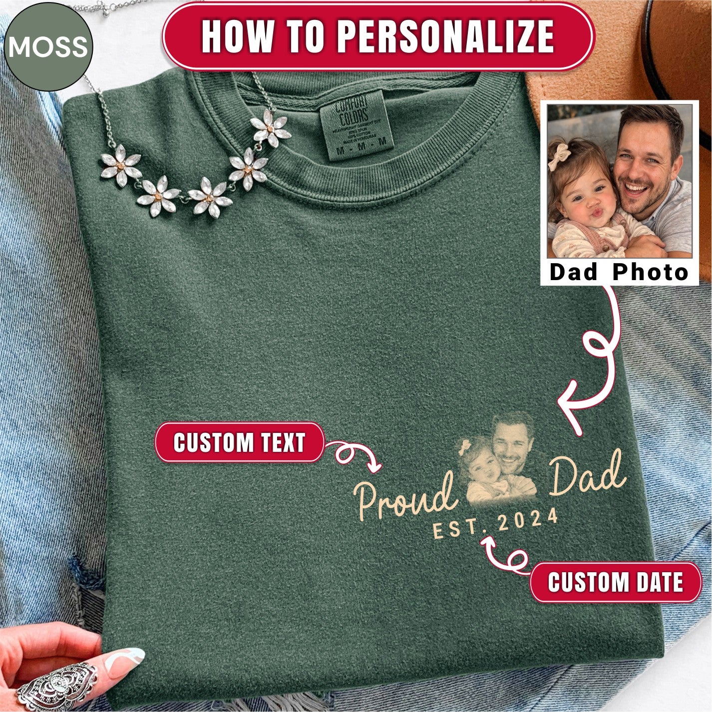 Proud Dad Custom Photo Pocket T-Shirt — Personalized Est. Year Vintage Tee