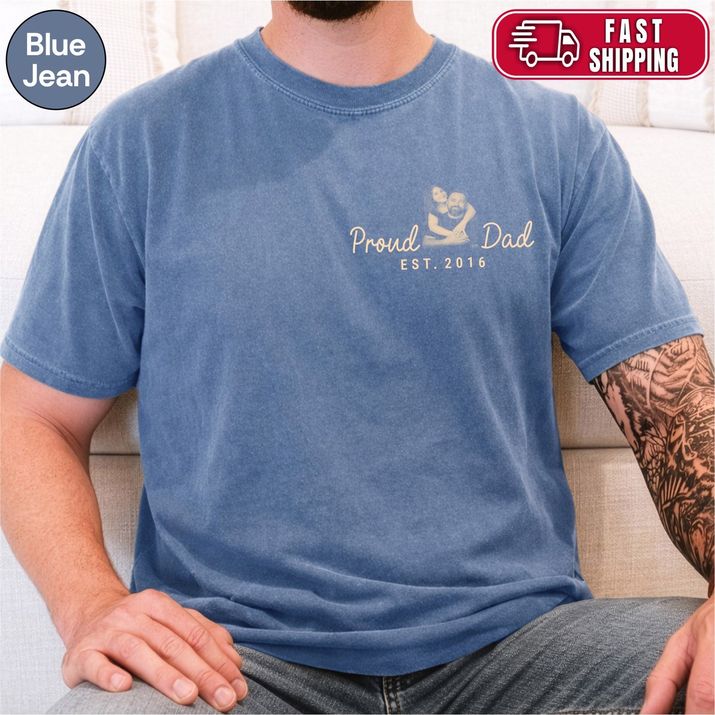Proud Dad Custom Photo Pocket T-Shirt — Personalized Est. Year Vintage Tee