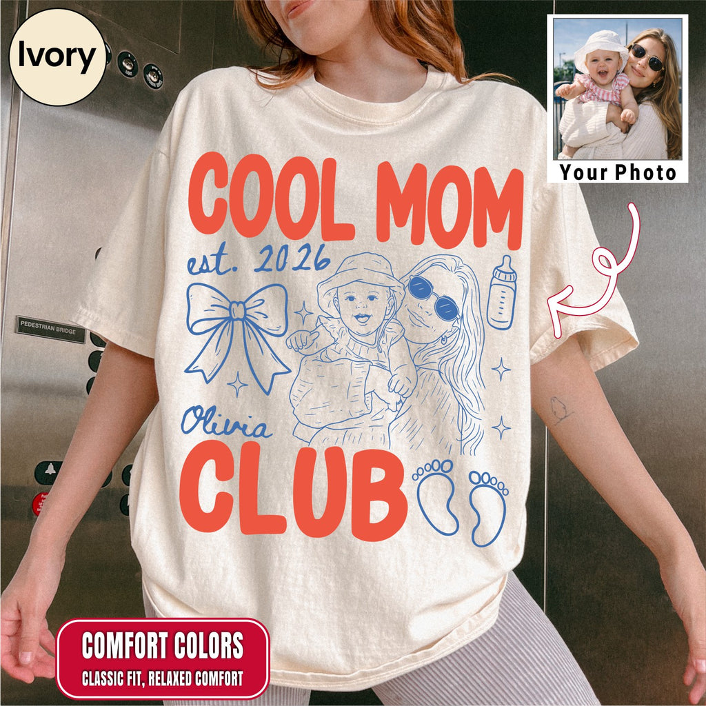 Custom Cool Mom Club Shirt, Retro New Mom Doodle Tee