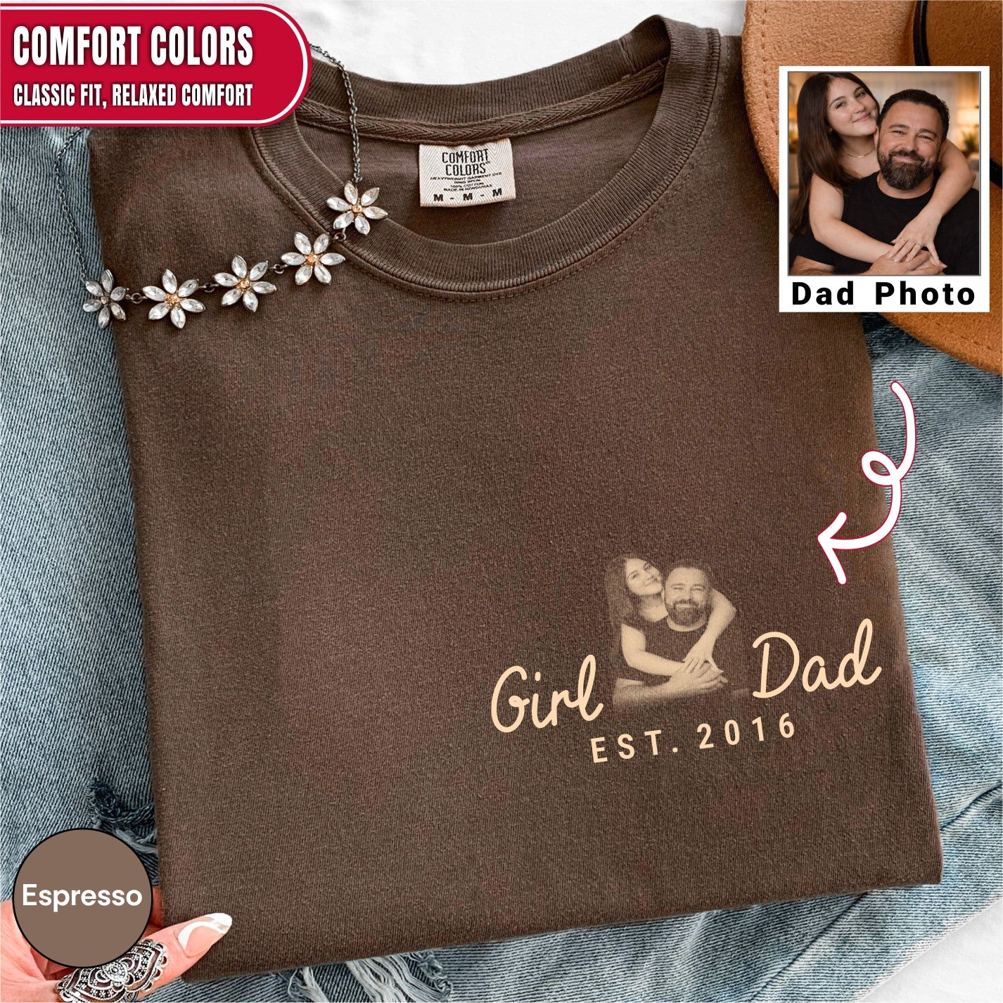 Girl Dad Custom Photo Pocket T-Shirt — Personalized Est. Year Vintage Tee