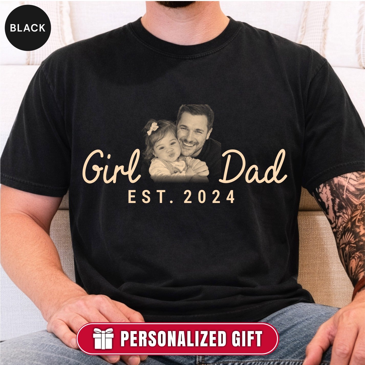 Girl Dad Custom Photo T-Shirt Personalized Est. Date Vintage Tee