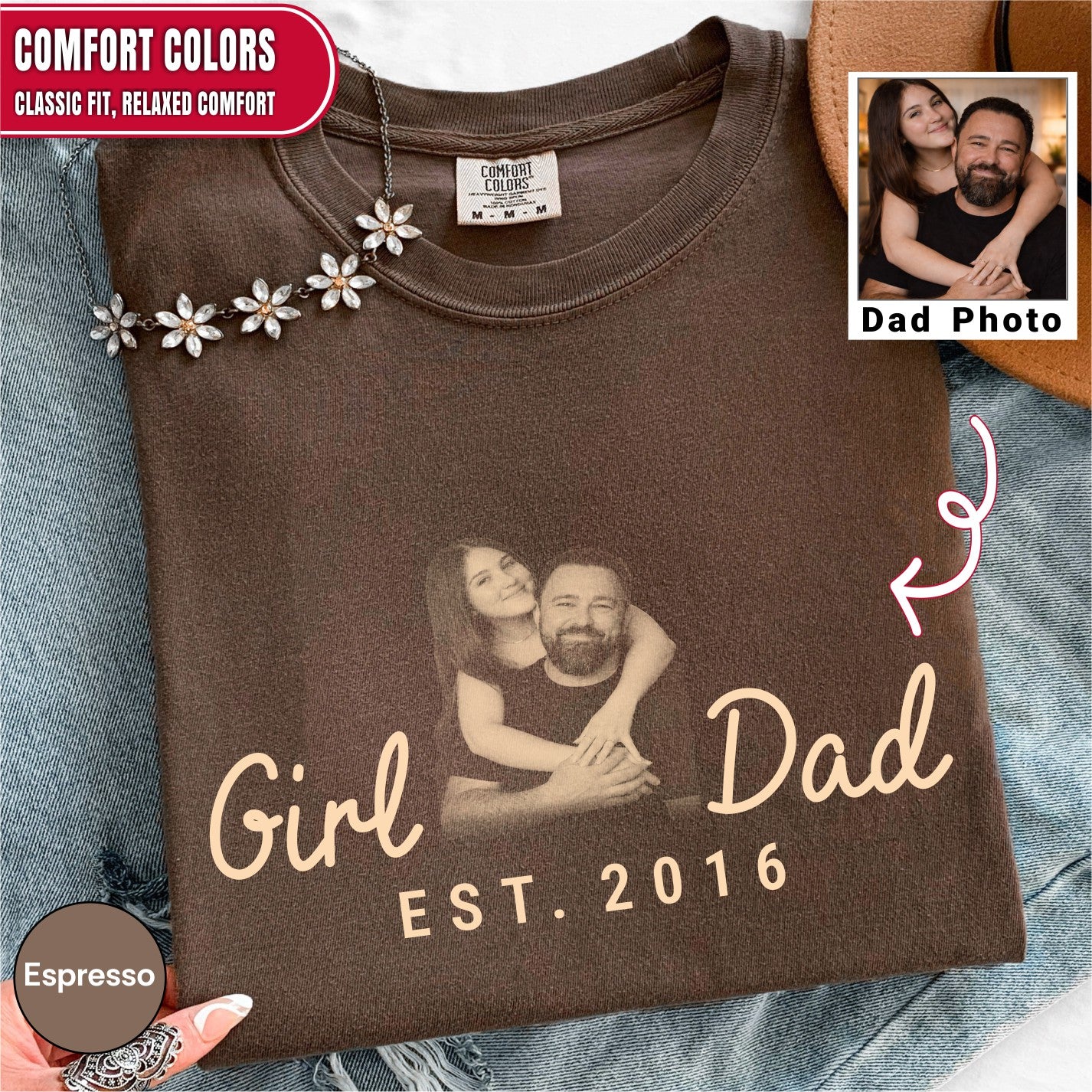 Girl Dad Custom Photo T-Shirt Personalized Est. Date Vintage Tee